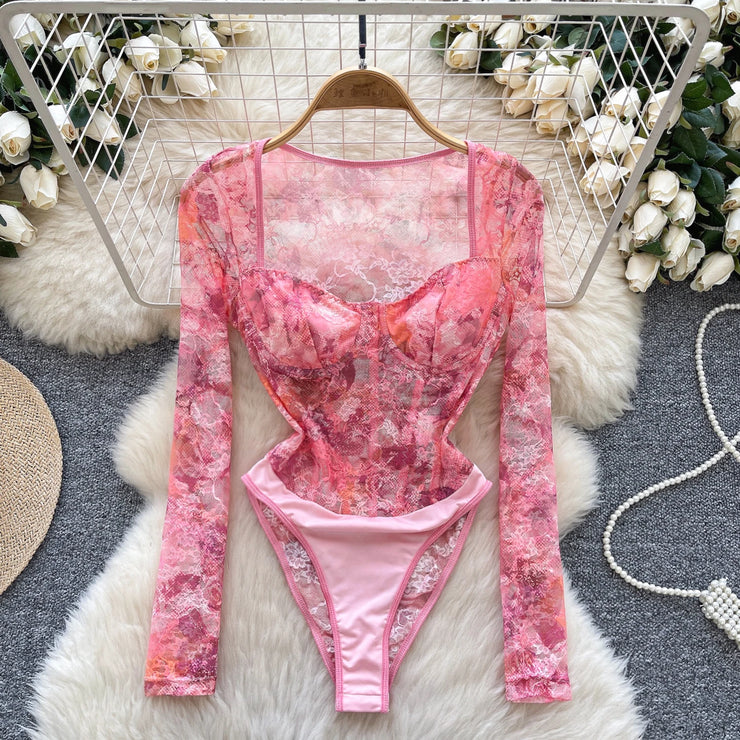 SINGREINY French Style Romantic Floral Rompers Square Collar Long Sleeve Bodysuits Ladies Streetwear Open crotch Sexy Playsuits