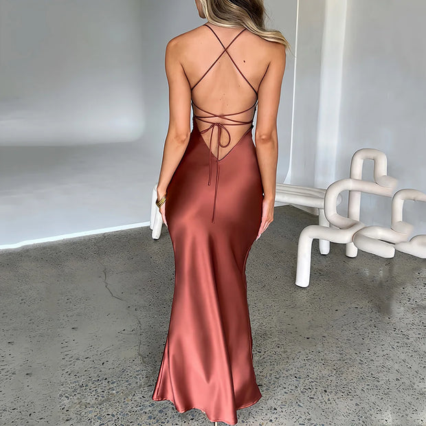 Sexy Satin Backless Lace Up Mermaid Slip Dress Women Sweetheart Neck Sexy Slim Bodycon Dresses Elegant Silk Gown Partywear