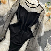 SINGREINY Ladies Gauze Spliced Streetwear Playsuits O Neck Sheer Long Sleeve Rompers Autumn Open crotch Sheath Sexy Bodysuits