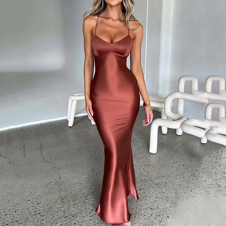 Sexy Satin Backless Lace Up Mermaid Slip Dress Women Sweetheart Neck Sexy Slim Bodycon Dresses Elegant Silk Gown Partywear