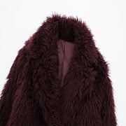 Women's Fashion Burgundy Asymmetric Thick Collar Fur Coat Vintage Casual Chic Temperament Lady Short Jacket