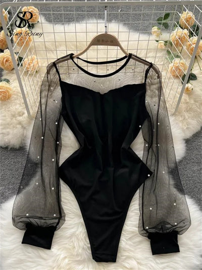 SINGREINY Ladies Gauze Spliced Streetwear Playsuits O Neck Sheer Long Sleeve Rompers Autumn Open crotch Sheath Sexy Bodysuits