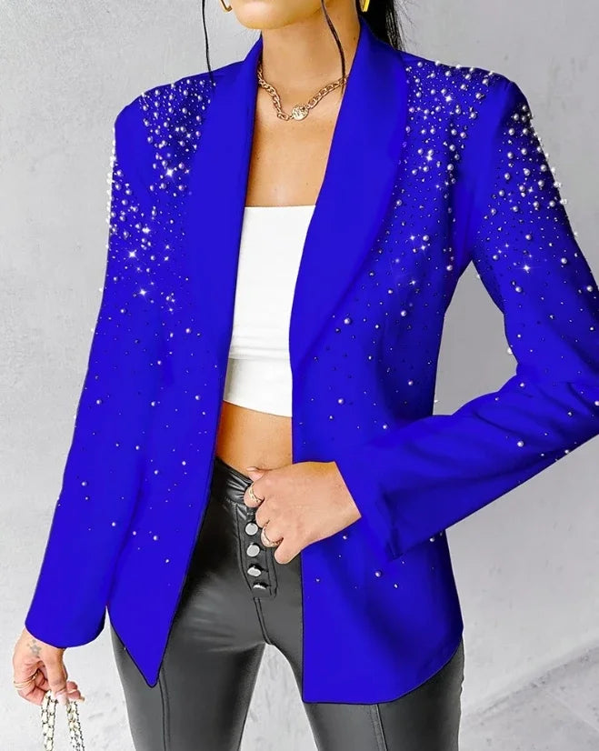 Blazer Woman Autumn Fashion Beaded Elegant Temperament Shawl Collar Plain Long Sleeve Work Blazer Coat Office Lady