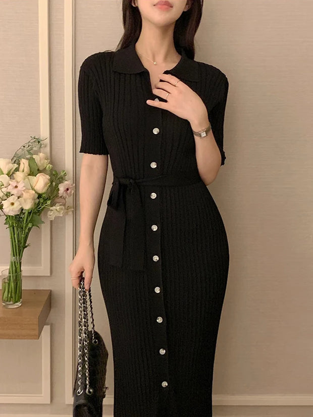 Elegant Summer Sweet Sle Turn-down Collar Single-button Thin Ice Silk Short-sleeve Knitted Long Dress Women's Fashion