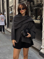 ZBZA Women Loose Asymmetric Scarf Knit Jacket Solid Long Sleeve Single Button Side Slit Cardigan Fall Winter New Lady Outerwear