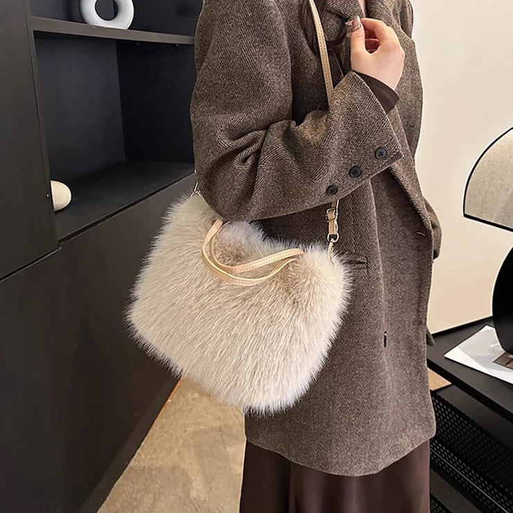 Faux Fur Tote Bag Women's Bucket Plush Luxury Design Ladies Handbags Soft Winter Crossbody Shoulder Bags Bolsa Feminina