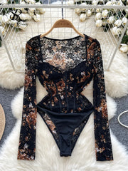 SINGREINY Floral Lace Sexy Bodysuit Women Square Collar Long Sleeves Basics Slim Playsuit European Thin Sheer Sensual Romper