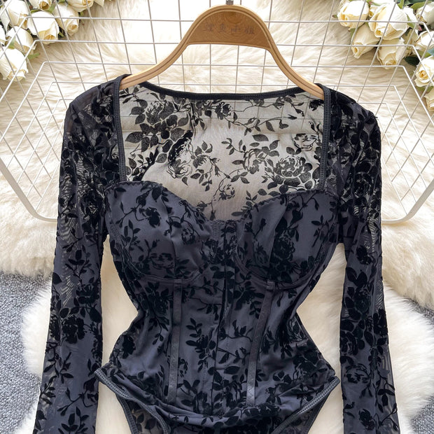 SINGREINY Women Flocking Floral Playsuits Long Sleeves Transparent Open Crotch Sexy Slim Blouse Corset Shapewear Print Bodysuits