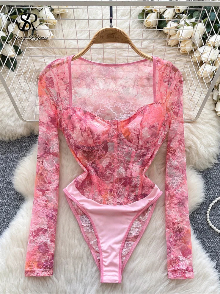 SINGREINY French Style Romantic Floral Rompers Square Collar Long Sleeve Bodysuits Ladies Streetwear Open crotch Sexy Playsuits