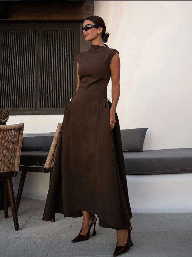 Elegant High Collar A-line Maxi Dress For Women Fashion Solid Pleated Slim Long Dresses 2024 New Lady Evening Party Prom Gowns