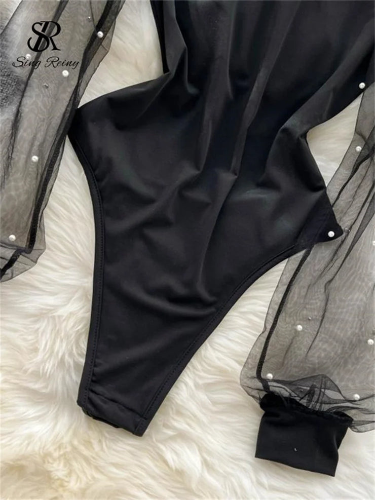 SINGREINY Ladies Gauze Spliced Streetwear Playsuits O Neck Sheer Long Sleeve Rompers Autumn Open crotch Sheath Sexy Bodysuits