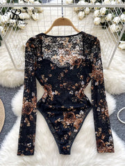 SINGREINY Floral Lace Sexy Bodysuit Women Square Collar Long Sleeves Basics Slim Playsuit European Thin Sheer Sensual Romper