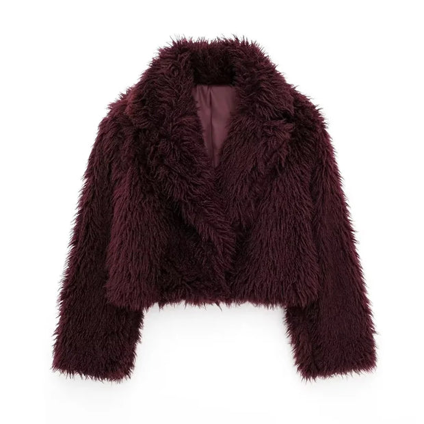 Women's Fashion Burgundy Asymmetric Thick Collar Fur Coat Vintage Casual Chic Temperament Lady Short Jacket