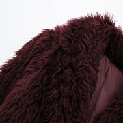 Women's Fashion Burgundy Asymmetric Thick Collar Fur Coat Vintage Casual Chic Temperament Lady Short Jacket