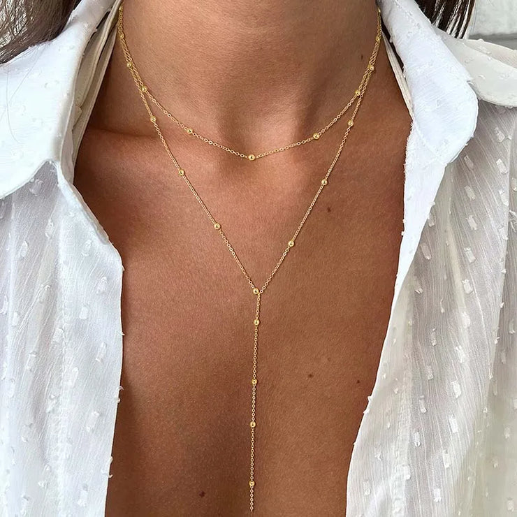 Gold Plated Lariat Necklace for Women, Double Laryered Long Chain Drop Pendant Choker Necklaces Fashion Gifts