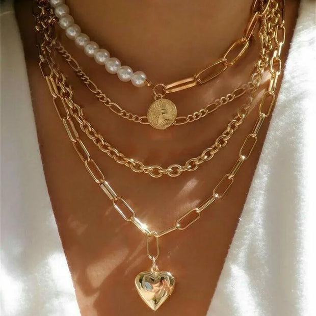 Vintage Punk Gold-plate Thick Chain Head Portrait Coin Pendant Necklace For Women Fashion Multilevel Geometric Hip Hop Jewelry