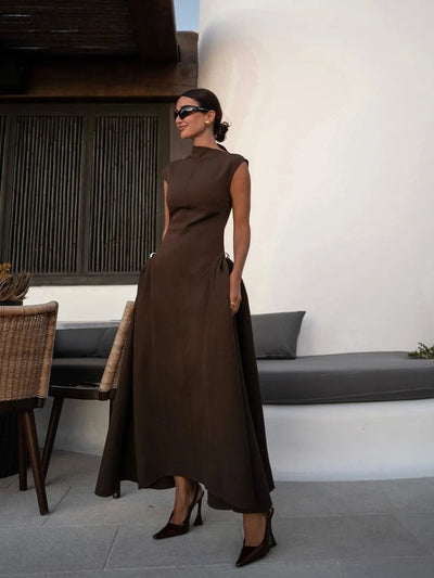 Elegant High Collar A-line Maxi Dress For Women Fashion Solid Pleated Slim Long Dresses 2024 New Lady Evening Party Prom Gowns