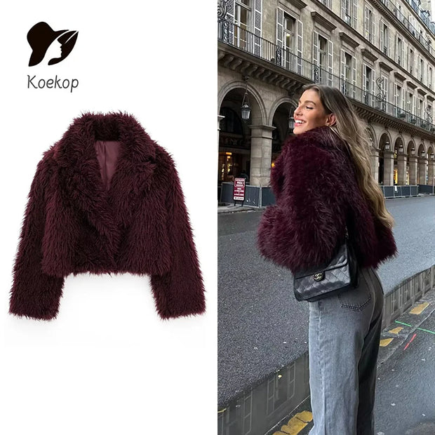 Women's Fashion Burgundy Asymmetric Thick Collar Fur Coat Vintage Casual Chic Temperament Lady Short Jacket