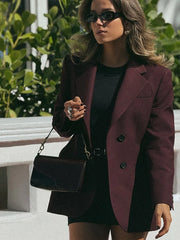 Burgundy Lapel Single Breasted Pockets Slim Jackets Fashion Full Sleeve Buttons Blazer Coats Women 2025 Office Commuting Tops