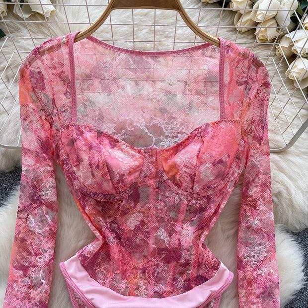 SINGREINY French Style Romantic Floral Rompers Square Collar Long Sleeve Bodysuits Ladies Streetwear Open crotch Sexy Playsuits