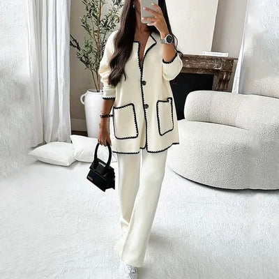 Autumn Women Two Piece Sets Regular Round Neck Loose Coats Cardigan Solid Straight Wide Leg Long Pants Set High Waist 2023