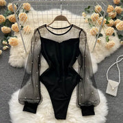 SINGREINY Ladies Gauze Spliced Streetwear Playsuits O Neck Sheer Long Sleeve Rompers Autumn Open crotch Sheath Sexy Bodysuits