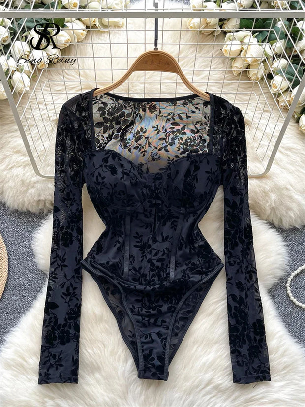 SINGREINY Women Flocking Floral Playsuits Long Sleeves Transparent Open Crotch Sexy Slim Blouse Corset Shapewear Print Bodysuits