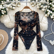 SINGREINY Floral Lace Sexy Bodysuit Women Square Collar Long Sleeves Basics Slim Playsuit European Thin Sheer Sensual Romper