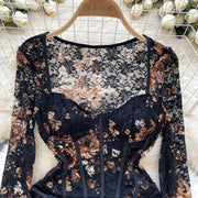 SINGREINY Floral Lace Sexy Bodysuit Women Square Collar Long Sleeves Basics Slim Playsuit European Thin Sheer Sensual Romper