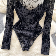 SINGREINY Women Flocking Floral Playsuits Long Sleeves Transparent Open Crotch Sexy Slim Blouse Corset Shapewear Print Bodysuits