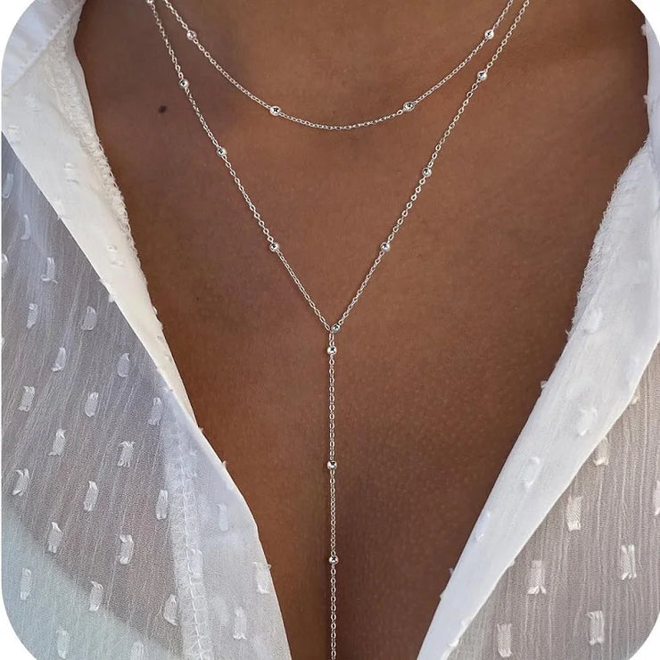 Gold Plated Lariat Necklace for Women, Double Laryered Long Chain Drop Pendant Choker Necklaces Fashion Gifts