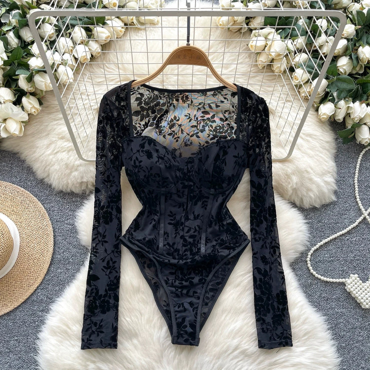 SINGREINY Women Flocking Floral Playsuits Long Sleeves Transparent Open Crotch Sexy Slim Blouse Corset Shapewear Print Bodysuits