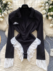 SINGREINY Female Lace Spliced OL Sexy Bodysuits Autumn Long Sleeve Slim Playsuits Women Streetwear Open crotch Fashion Rompers