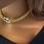 18K Gold Plated Stainless Steel Necklace for Women, Waterproof Three Layer Braided Chain, Zircon Clasp, Fashion Jewelry