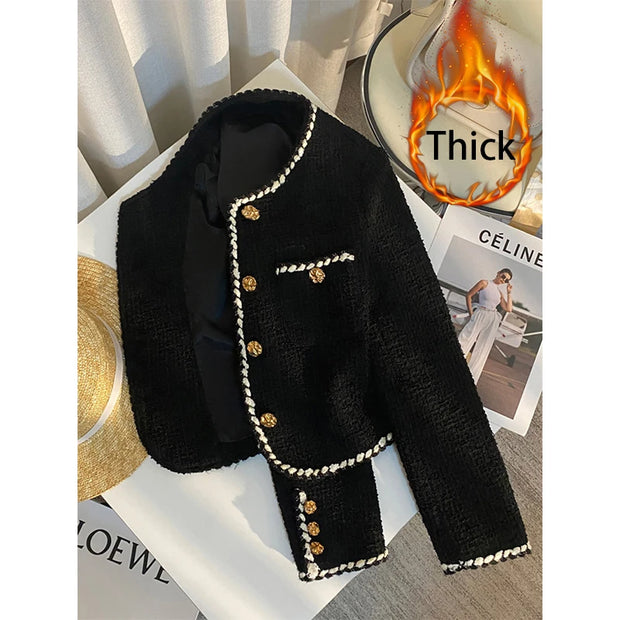 MEXZT Vintage Tweed Jacket Women Elegant Cropped Quilted Coat Commute Black Blazer Winter Ladies Korean Short Outerwear Tops New