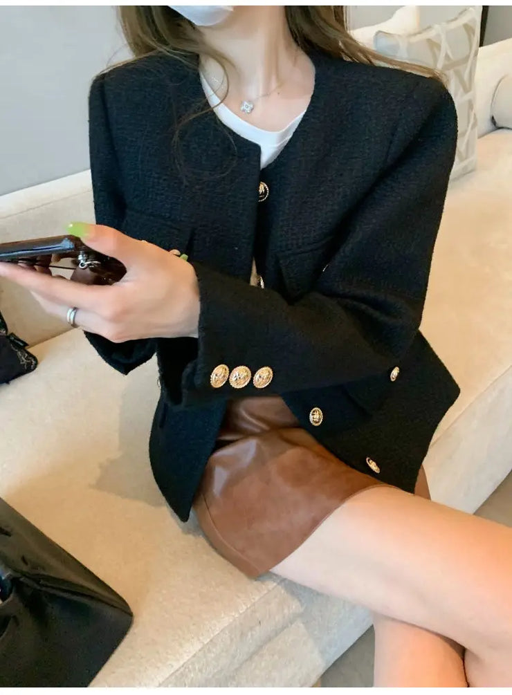 French Wool Tweed Coat Fashion High-end Gold Button Short Slim Temperament Spring and Autumn Korean Coats Women Jacket New