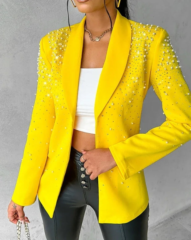 Blazer Woman Autumn Fashion Beaded Elegant Temperament Shawl Collar Plain Long Sleeve Work Blazer Coat Office Lady