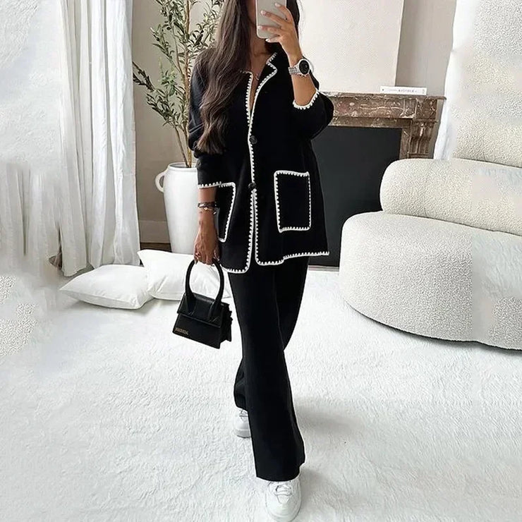 Autumn Women Two Piece Sets Regular Round Neck Loose Coats Cardigan Solid Straight Wide Leg Long Pants Set High Waist 2023