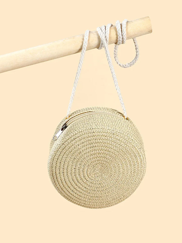 Minimalist Straw Bag Round Crossbody Purse Women Shoulder Vocation Style Handbag