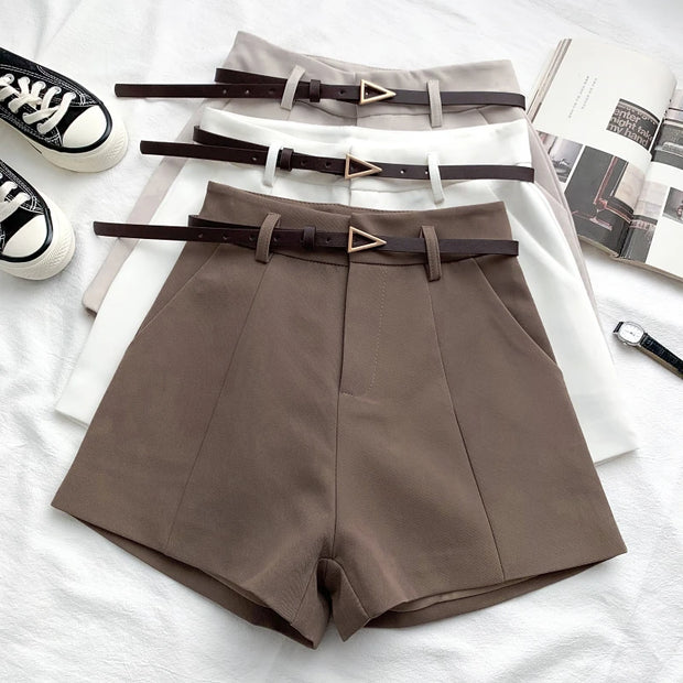 Casual Women's Shorts A-line High Waist Short Chic Office Lady Shorts With Belted Vintage Female Trousers Spring Summer