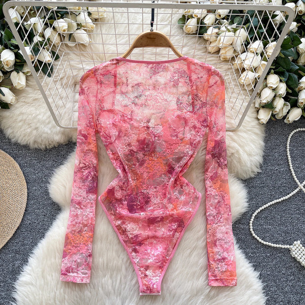 SINGREINY French Style Romantic Floral Rompers Square Collar Long Sleeve Bodysuits Ladies Streetwear Open crotch Sexy Playsuits