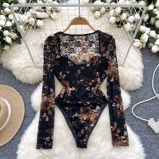 SINGREINY Floral Lace Sexy Bodysuit Women Square Collar Long Sleeves Basics Slim Playsuit European Thin Sheer Sensual Romper