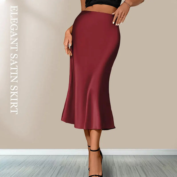 Satin Skirts for Women Korean Style Champagne Office High Waist A-line Skort Fashion Elegant Solid Long Pencil Skirt Silk Like