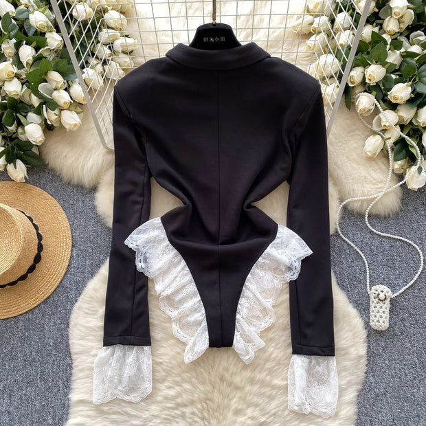 SINGREINY Female Lace Spliced OL Sexy Bodysuits Autumn Long Sleeve Slim Playsuits Women Streetwear Open crotch Fashion Rompers