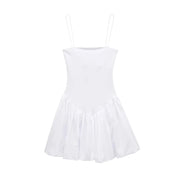 Women's Patchwork Ribbed Poplin Puff Mini Dress, Straight Neck, Thin Straps, Female Dresses, Sexy Fashion