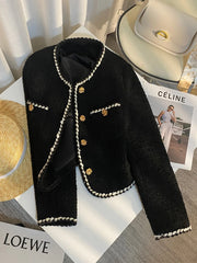 MEXZT Vintage Tweed Jacket Women Elegant Cropped Quilted Coat Commute Black Blazer Winter Ladies Korean Short Outerwear Tops New