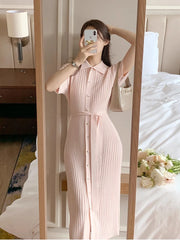 Elegant Summer Sweet Sle Turn-down Collar Single-button Thin Ice Silk Short-sleeve Knitted Long Dress Women's Fashion