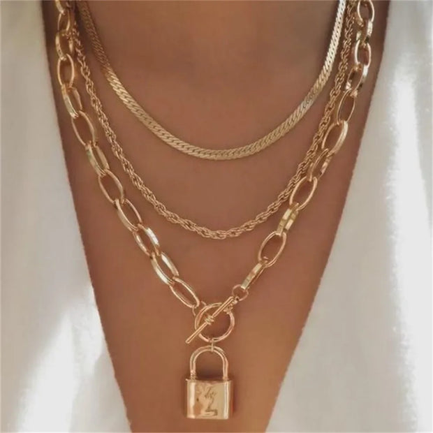 Vintage Punk Gold-plate Thick Chain Head Portrait Coin Pendant Necklace For Women Fashion Multilevel Geometric Hip Hop Jewelry