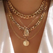 Vintage Punk Gold-plate Thick Chain Head Portrait Coin Pendant Necklace For Women Fashion Multilevel Geometric Hip Hop Jewelry