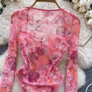 SINGREINY French Style Romantic Floral Rompers Square Collar Long Sleeve Bodysuits Ladies Streetwear Open crotch Sexy Playsuits